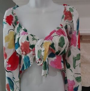 Lulus Floral Tie-Front Long Sleeve Crop Top with Puff Sleeves Rodeo Festival